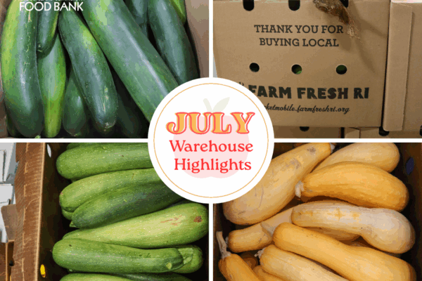 Collage of 4 images of produce: cucumbers, corn sitting atop a box from Farm Fresh RI, green zucchini, and yellow squash. Circle in the middle displays the text "July Warehouse Highlights"