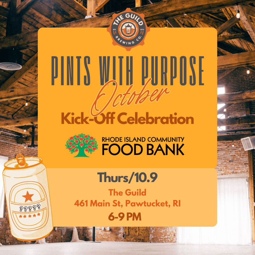 Flyer promoting Pints with Purpose event at The Guild in Pawtucket, benefitting the RI Community Food Bank