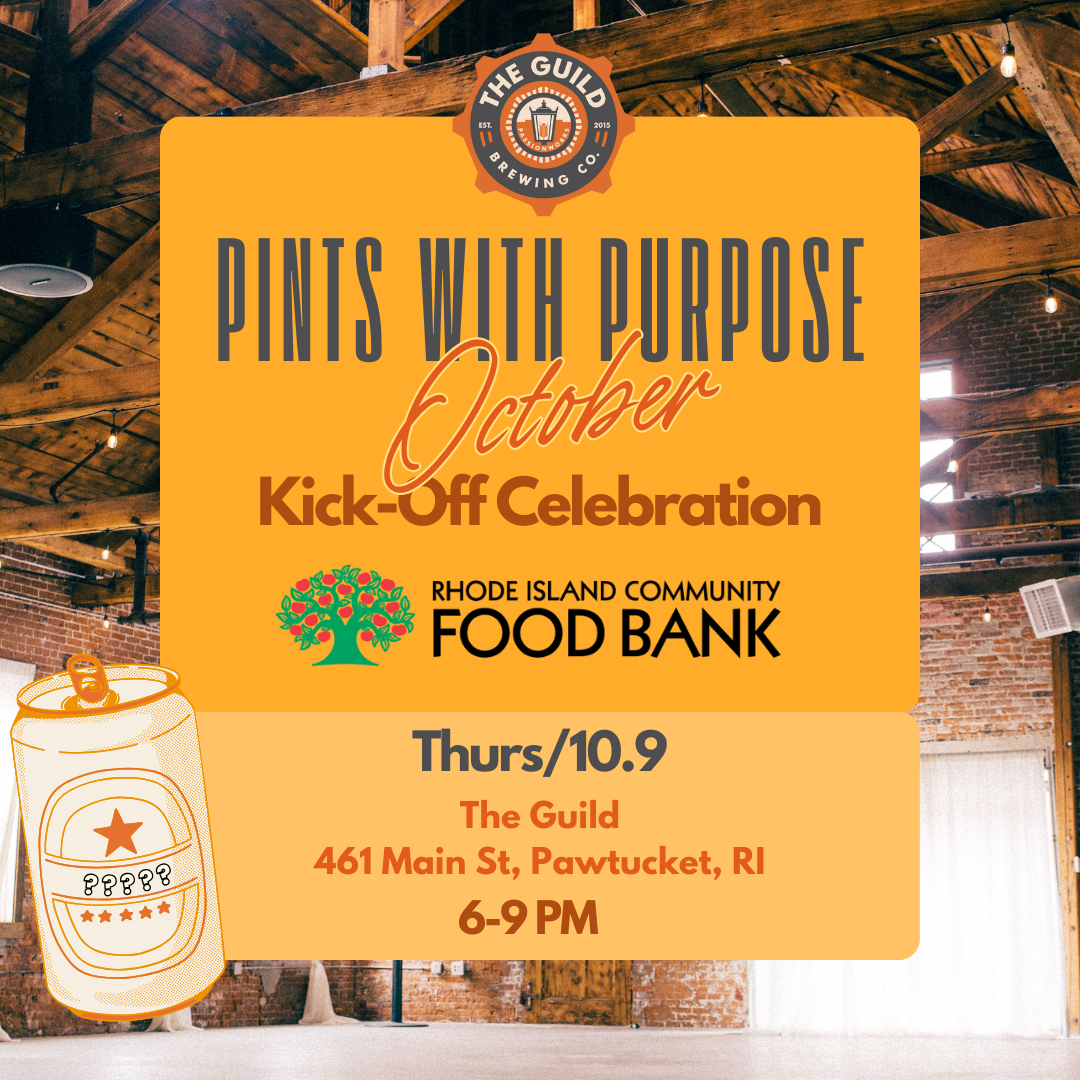 Flyer promoting Pints with Purpose event at The Guild in Pawtucket, benefitting the RI Community Food Bank