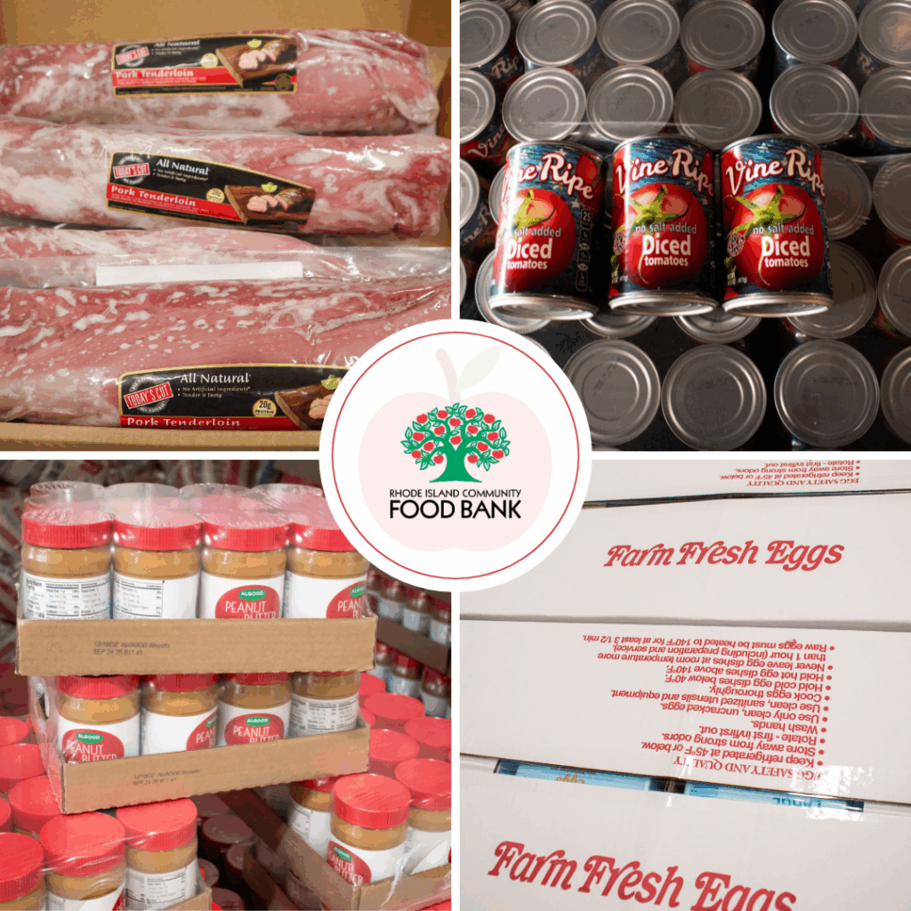 A collage of images of food purchased by the RI Food Bank in November 2025, including: pork tenderloin, canned tomato products, peanut butter, and a box labeled "Fresh Eggs"