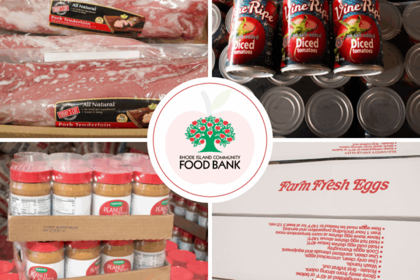 A collage of images of food purchased by the RI Food Bank in November 2025, including: pork tenderloin, canned tomato products, peanut butter, and a box labeled "Fresh Eggs"